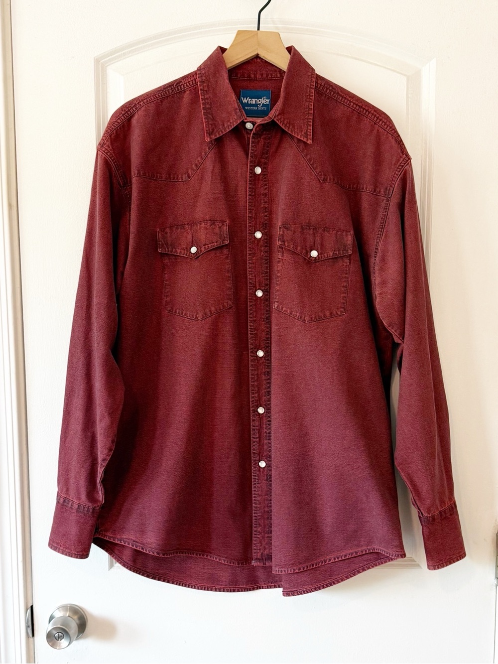 Vintage Wrangler Western Men’s Maroon Denim Pearl Snap Shirt